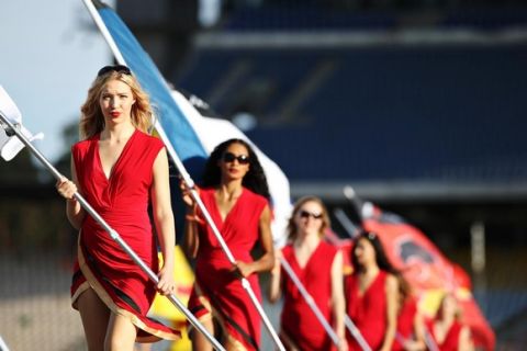 HOCKENHEIM, GERMANY - JULY 30:  The grid girls practice after qualifying for the Formula One Grand Prix of Germany at Hockenheimring on July 30, 2016 in Hockenheim, Germany.  (Photo by Charles Coates/Getty Images)