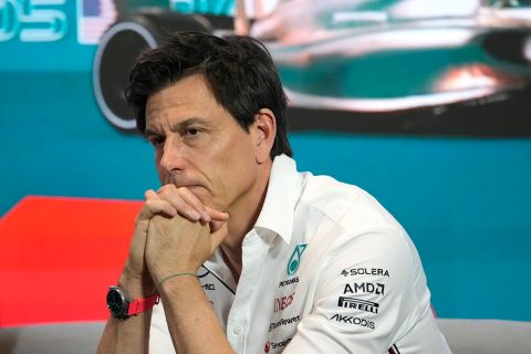 Mercedes team principal Toto Wolff listens during a news conference in advance of the Formula One Miami Grand Prix auto race, Friday, May 5, 2023, at the Miami International Autodrome in Miami Gardens, Fla. (AP Photo/Lynne Sladky)