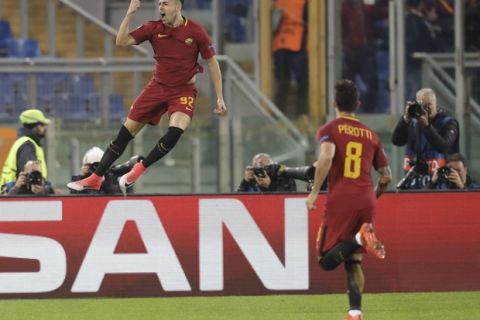 Roma's Stephan El Shaarawy celebrates after scoring his side's opening goal during the Champions League group C soccer match between Roma and Chelsea, at the Olympic stadium in Rome, Tuesday, Oct. 31, 2017. (AP Photo/Alessandra Tarantino)
