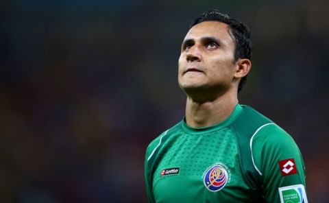 RECIFE, BRAZIL - JUNE 29: Keylor Navas of Costa Rica looks on during a penalty shootout in the 2014 FIFA World Cup Brazil Round of 16 match between Costa Rica and Greece at Arena Pernambuco on June 29, 2014 in Recife, Brazil.  (Photo by Paul Gilham/Getty Images)