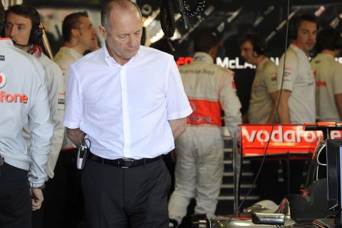 McLaren Mercedes team principal Ron Dennis reacts during the third timed practice session for the Australian Formula One Grand Prix at the Albert Park racetrack in Melbourne, Australia. 