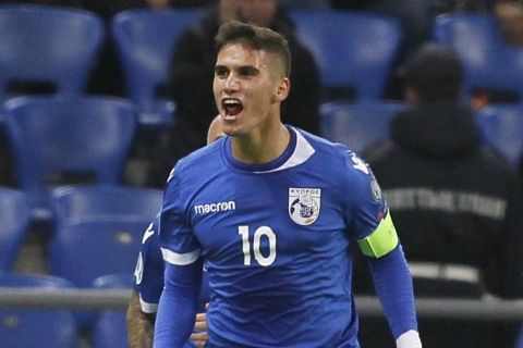 Ο Πιέρος Σωτηρίου της Κύπρου πανηγυρίζει γκολ που σημείωσε κόντρα στο Καζακστάν για τους προκριματικούς ομίλους του Euro 2020 στην "Αστάνα Αρένα", Νουρ Σουλτάν | Πέμπτη 10 Οκτωβρίου 2019