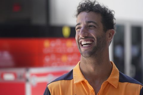 McLaren driver Daniel Ricciardo of Australia arrives for the first practice session for the Formula One Miami Grand Prix auto race at the Miami International Autodrome, Friday, May 6, 2022, in Miami Gardens, Fla. (AP Photo/Wilfredo Lee)