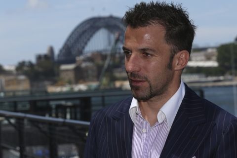 International football star and captain of Sydney FC Alessandro Del Piero poses for a photo during the launch of his autobiography in Sydney, Australia, Thursday, Nov. 21, 2013.(AP Photo/Rob Griffith)