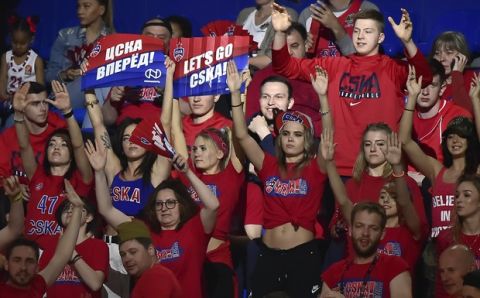 CSKA Moscow fans support their team during Final Four Euroleague final basketball match between Anadolu Efes Istanbul and CSKA Moscow at the Fernando Buesa Arena in Vitoria, Spain, Sunday, May 19, 2019. (AP Photo/Alvaro Barrientos)