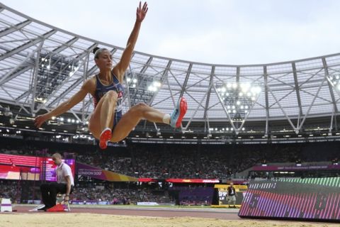 Serbia's Ivana Spanovic makes an attempt in the women's long jump final during the World Athletics Championships in London Friday, Aug. 11, 2017. (AP Photo/Matthias Schrader)
