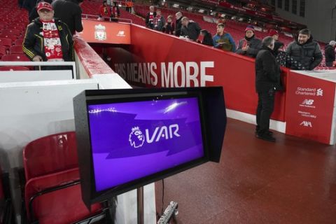 A VAR (Video assistant referee) monitor pitch side before the English Premier League soccer match between Liverpool and Sheffield United at Anfield Stadium, Liverpool, England, Thursday, Jan. 2, 2020. (AP Photo/Jon Super)