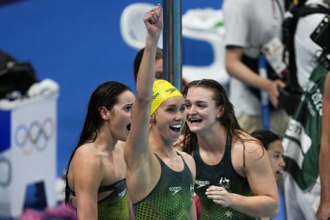 Kaylee McKeown, of Australia, and teammates celebrate winning the gold medal in the women's 4x100-meter medley relay final at the 2020 Summer Olympics, Sunday, Aug. 1, 2021, in Tokyo, Japan. (AP Photo/Jae C. Hong)