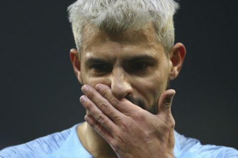 Manchester City's Sergio Aguero reacts during the English Premier League soccer match between Manchester City and West Ham United at Etihad stadium in Manchester, England, Wednesday, Feb. 27, 2019. (AP Photo/Dave Thompson)