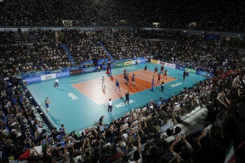 Spectators attend a Volleyball Men's World Championship match between Italy and Japan, in Rome, Sunday, Sept. 9, 2018. (AP Photo/Andrew Medichini)