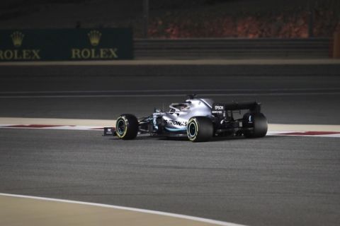 Mercedes driver Lewis Hamilton of Britain steers his car through a corner during the Baharain Formula One Grand Prix at the Bahrain International Circuit in Sakhir, Bahrain, Sunday, March 31, 2019. (AP Photo/Hassan Ammar)