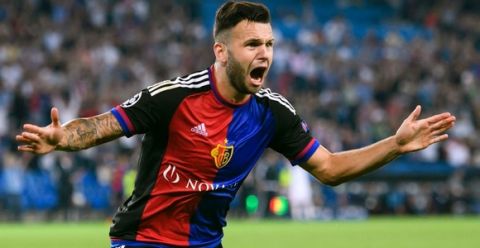 Basel's Swiss midfielder Renato Steffen celebrates after scoring a goal during the UEFA Champions League group A football match beetween FC Basel 1893 and PFC Ludogorets Razgrad on September 13, 2016 in Basel. / AFP / FABRICE COFFRINI        (Photo credit should read FABRICE COFFRINI/AFP/Getty Images)