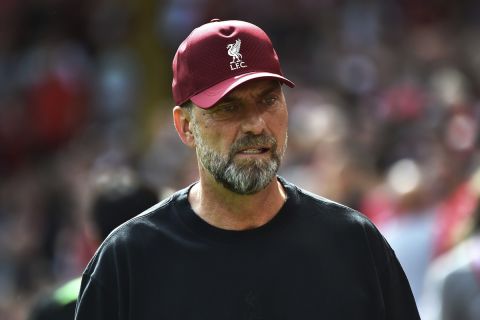 Liverpool's manager Jurgen Klopp during the Premier League soccer match between Liverpool and AFC Bournemouth at Anfield, in Liverpool, England, Saturday August 19, 2023. (AP Photo/Rui Vieira)