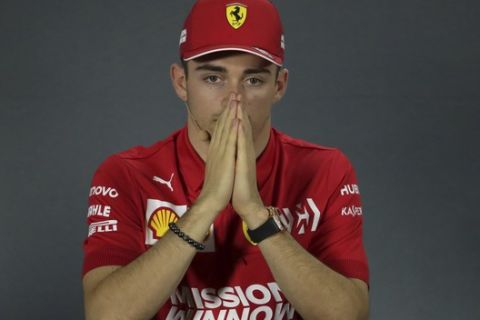 Ferrari driver Charles Leclerc of Monaco attends a news conference at the Yas Marina racetrack in Abu Dhabi, United Arab Emirates, Thursday, Nov. 28, 2019. The Emirates Formula One Grand Prix will take place on Sunday. (AP Photo/Hassan Ammar)
