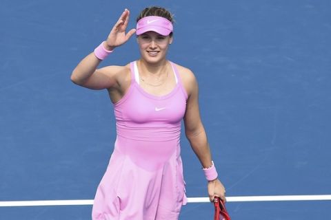 Canada's Eugenie Bouchard celebrates winning her second round singles match against France's Caroline Garcia at the ASB Classic in Auckland, New Zealand, Wednesday, Jan. 8, 2020. (Chris Symes/Photosport via AP)