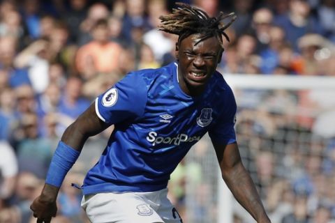 Everton's Moise Kean gestures during the English Premier League soccer match between Everton and Wolverhampton Wanderers at Goodison Park in Liverpool, England, Sunday, Sept 1, 2019. (AP Photo/Rui Vieira)