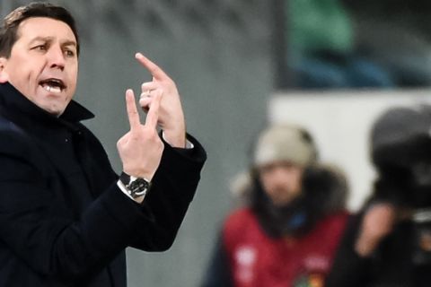 RSC Anderlecht coach Besnik Hasi gives directions during the Europa League Round of 32 first leg match against Dynamo Moscow at Constant Vanden Stock Stadium in Brussels on Thursday Feb. 19, 2015. (AP Photo/Geert Vanden Wijngaert)