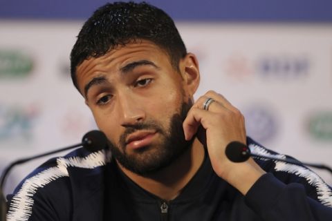 France's Nabil Fekir reacts during a press conference at the 2018 soccer World Cup in Istra, Russia, Tuesday, June 19, 2018. (AP Photo/David Vincent)