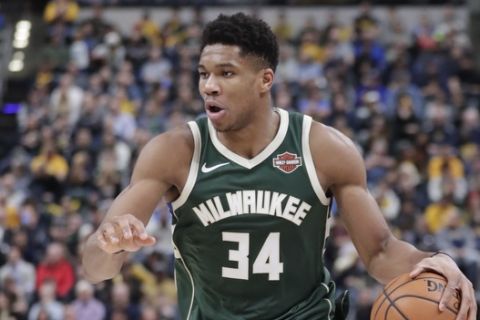 Milwaukee Bucks forward Giannis Antetokounmpo (34) plays against the Indiana Pacers during the second half of an NBA basketball game in Indianapolis, Wednesday, Dec. 12, 2018. The Pacers defeated the Bucks 113-97. (AP Photo/Michael Conroy)