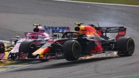 SAO PAULO, BRAZIL - NOVEMBER 11: Max Verstappen of the Netherlands driving the (33) Aston Martin Red Bull Racing RB14 TAG Heuer is crashed into by Esteban Ocon of France driving the (31) Sahara Force India F1 Team VJM11 Mercedes on track during the Formula One Grand Prix of Brazil at Autodromo Jose Carlos Pace on November 11, 2018 in Sao Paulo, Brazil.  (Photo by Lars Baron/Getty Images) // Getty Images / Red Bull Content Pool  // AP-1XFYXC8MS2111 // Usage for editorial use only // Please go to www.redbullcontentpool.com for further information. // 
