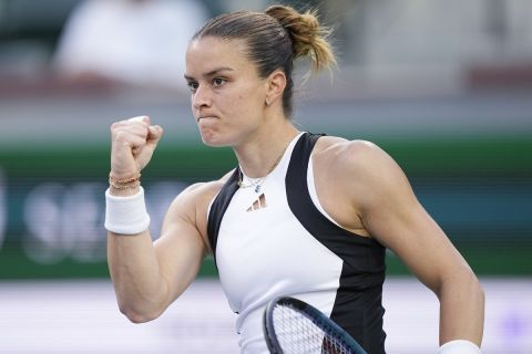 Maria Sakkari, of Greece, reacts as she plays Diane Parry, of France, at the BNP Paribas Open tennis tournament, Wednesday, March 13, 2024, in Indian Wells, Calif. (AP Photo/Mark J. Terrill)