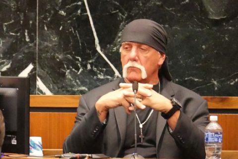 Terry Bollea, known as professional wrestler Hulk Hogan, listens while testifying in his case against the news website Gawker at the Pinellas County Courthouse, in St. Petersburg, Fla., Monday, March 7, 2016. Hogan is suing Gawker for $100 million for publishing a video of him having sex with his best friend's wife. (Boyzell Hosey/Tampa Bay Times via AP, Pool)