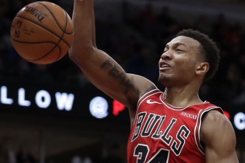 Chicago Bulls center Wendell Carter Jr., dunks against Indiana Pacers during the second half of an NBA basketball game Friday, Jan. 4, 2019, in Chicago. (AP Photo/Nam Y. Huh)