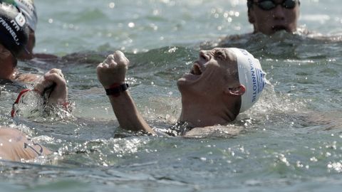 Greece's Spiros Gianniotis reacts after winning the silver medal in the men's marathon swimming competition of the 2016 Summer Olympics in Rio de Janeiro, Brazil, Tuesday, Aug. 16, 2016. (AP Photo/Gregory Bull)