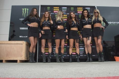 AUSTIN, TEXAS - APRIL 10: The grid girls pose in paddock during the MotoGp Red Bull U.S. Grand Prix of The Americas - Race at Circuit of The Americas on April 10, 2016 in Austin, Texas. (Photo by Getty Images/Getty Images)