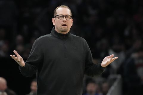 Toronto Raptors coach Nick Nurse reacts to a call during the first half of the team's NBA basketball game against the Boston Celtics, Wednesday, April 5, 2023, in Boston. (AP Photo/Charles Krupa)
