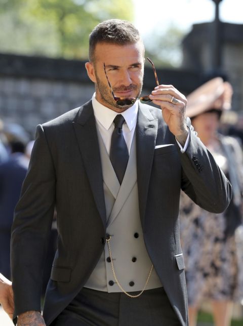 David Beckham arrives for the wedding ceremony of Prince Harry and Meghan Markle at St. George's Chapel in Windsor Castle in Windsor, near London, England, Saturday, May 19, 2018. (Gareth Fuller/pool photo via AP)