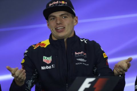 Red Bull driver Max Verstappen of the Netherlands, gestures during a press conference at the Hermanos Rodriguez racetrack in Mexico City, Thursday, Oct. 26, 2017. (AP Photo/Moises Castillo)