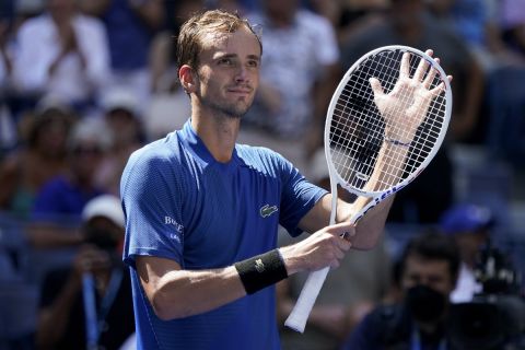 Daniil Medvedev, of Russia, reacts after defeating Stefan Kozlov, of the United States, during the first round of the US Open tennis championships, Monday, Aug. 29, 2022, in New York. (AP Photo/John Minchillo)