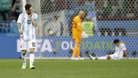 Argentina's Lionel Messi reacts after the group D match between Argentina and Croatia at the 2018 soccer World Cup in Nizhny Novgorod Stadium in Nizhny Novgorod, Russia, Thursday, June 21, 2018. Croatia won 3-0. (AP Photo/Petr David Josek)