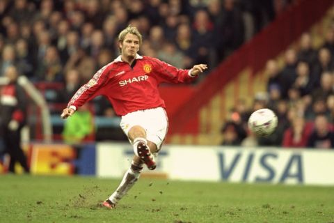 26 Feb 2000:  David Beckham of Manchester United in action against Wimbledon during the FA Carling Premiership match at Selhurst Park in London. The game ended 2-2. \ Mandatory Credit: Mike Hewitt /Allsport
