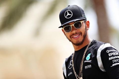 SAKHIR, BAHRAIN - APRIL 01: Lewis Hamilton of Great Britain and Mercedes GP in the Paddock during practice for the Bahrain Formula One Grand Prix at Bahrain International Circuit on April 1, 2016 in Sakhir, Bahrain.  (Photo by Mark Thompson/Getty Images)