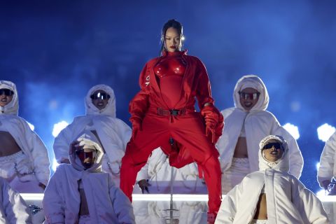 Rihanna performs at the halftime show of the NFL Super Bowl 57 football game, Sunday, Feb. 12, 2023, in Glendale, Ariz. (AP Photo/Jeff Lewis)