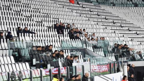 The stands are thinly populated as Juventus plays Inter in the Italian Football Championship League in Turin, Italy Sunday, March 8, 2020. (Marco Alpozzi/LaPresse via AP)