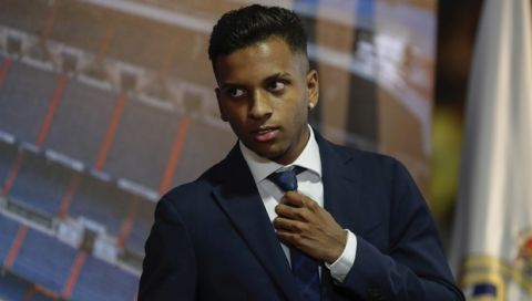 Brazilian player Rodrygo Goes during his official presentation after signing for Real Madrid at the Santiago Bernabeu stadium in Madrid, Spain, Tuesday, June 18, 2019. (AP Photo/Manu Fernandez)