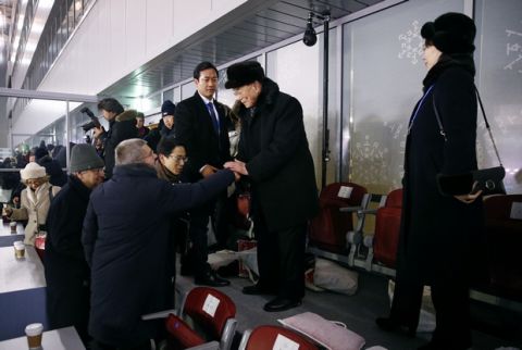 Kim Yong Nam, center, president of the Presidium of North Korean Parliament, shakes hands with International Olympic Committee President Thomas Bach as Kim Yo Jong, right, sister of North Korean leader Kim Jong Un, looks on following the opening ceremony of the 2018 Winter Olympics in Pyeongchang, South Korea, Friday, Feb. 9, 2018. (AP Photo/Patrick Semansky, Pool)