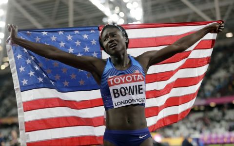 United States' Tori Bowie celebrates after winning the gold medal in the Women's 100m final during the World Athletics Championships in London Sunday, Aug. 6, 2017. (AP Photo/David J. Phillip)