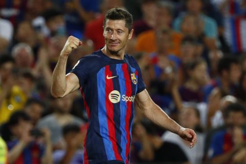 Ο Ρόμπερτ Λεβαντόβσκι της Μπαρτσελόνα πανηγυρίζει γκολ που σημείωσε κόντρα στη Βαγιαδολίδ για τη La Liga 2022-2023 στο "Καμπ Νόου", Βαρκελώνη | Κυριακή 28 Αυγούστου 2022