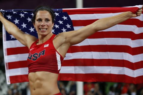 United States' Jennifer Suhr celebrates winning gold in the women's pole vault final during the athletics in the Olympic Stadium at the 2012 Summer Olympics, London, Monday, Aug. 6, 2012. (AP Photo/Matt Dunham)