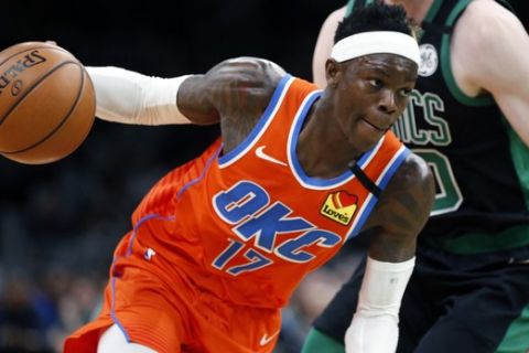 Oklahoma City Thunder's Dennis Schroder drives for the basket during the second half of an NBA basketball game against the Boston Celtics, Sunday, March, 8, 2020, in Boston. (AP Photo/Michael Dwyer)