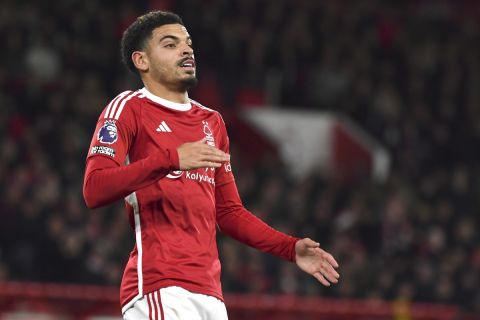 Nottingham Forest's Morgan Gibbs-White reacts during the English Premier League soccer match between Nottingham Forest and Tottenham Hotspur at City ground in Nottingham, England, Friday, Dec. 15, 2023. (AP Photo/Rui Vieira)