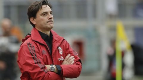AC Milan coach Vincenzo Montella watches a Serie A soccer match between Lazio and AC Milan, at the Rome Olympic stadium, Sunday, Sept. 10, 2017. (AP Photo/Alessandra Tarantino)