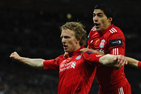 LONDON, ENGLAND - FEBRUARY 26:  Dirk Kuyt of Liverpool celebrates with Luis Suarez as he scores their second goal during the Carling Cup Final match between Liverpool and Cardiff City at Wembley Stadium on February 26, 2012 in London, England.  (Photo by Mike Hewitt/Getty Images)