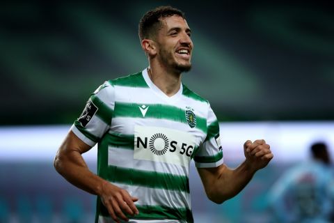 Zouhair Feddal of Sporting CP celebrates after scoring a goal during the Portuguese League football match between Sporting CP and CD Nacional at Jose Alvalade stadium in Lisbon, Portugal on May 1, 2021. (Photo by Pedro Fiúza/NurPhoto)