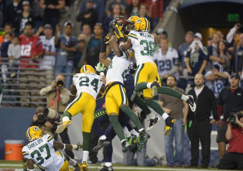 Sep 24, 2012; Seattle, WA, USA; Seattle Seahawks receiver Golden Tate (81) catches a 24-yard touchdown pass as Green Bay Packers players Sam Shields (37), and Jarrett Bush (24), and Charles Woodson (21) and Jarrett Williams (38) defend on the final play at CenturyLink Field. The Seahawks defeated the Packers 14-12. Mandatory Credit: Kirby Lee/Image of Sport-US PRESSWIRE