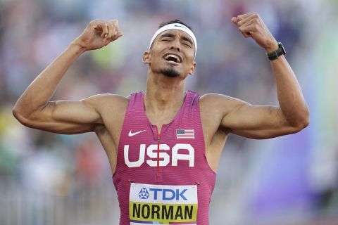 Michael Norman, of the United States, wins the final of the men's 400-meter run at the World Athletics Championships on Friday, July 22, 2022, in Eugene, Ore. (AP Photo/Ashley Landis)